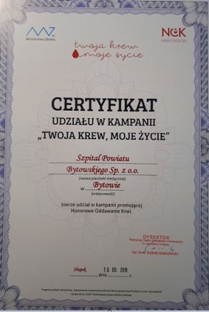 Certyfikat udziału w kampanii &quot;Twoja krew, moje życie&quot;