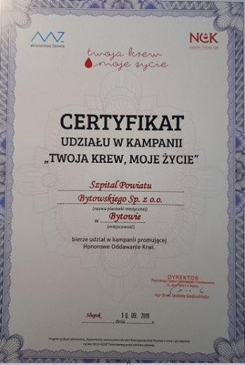 Certyfikat udziału w kampanii &quot;Twoja krew, moje życie&quot;